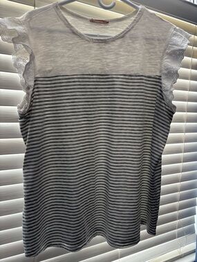 Striped Short Sleeve Lace-Trim Top